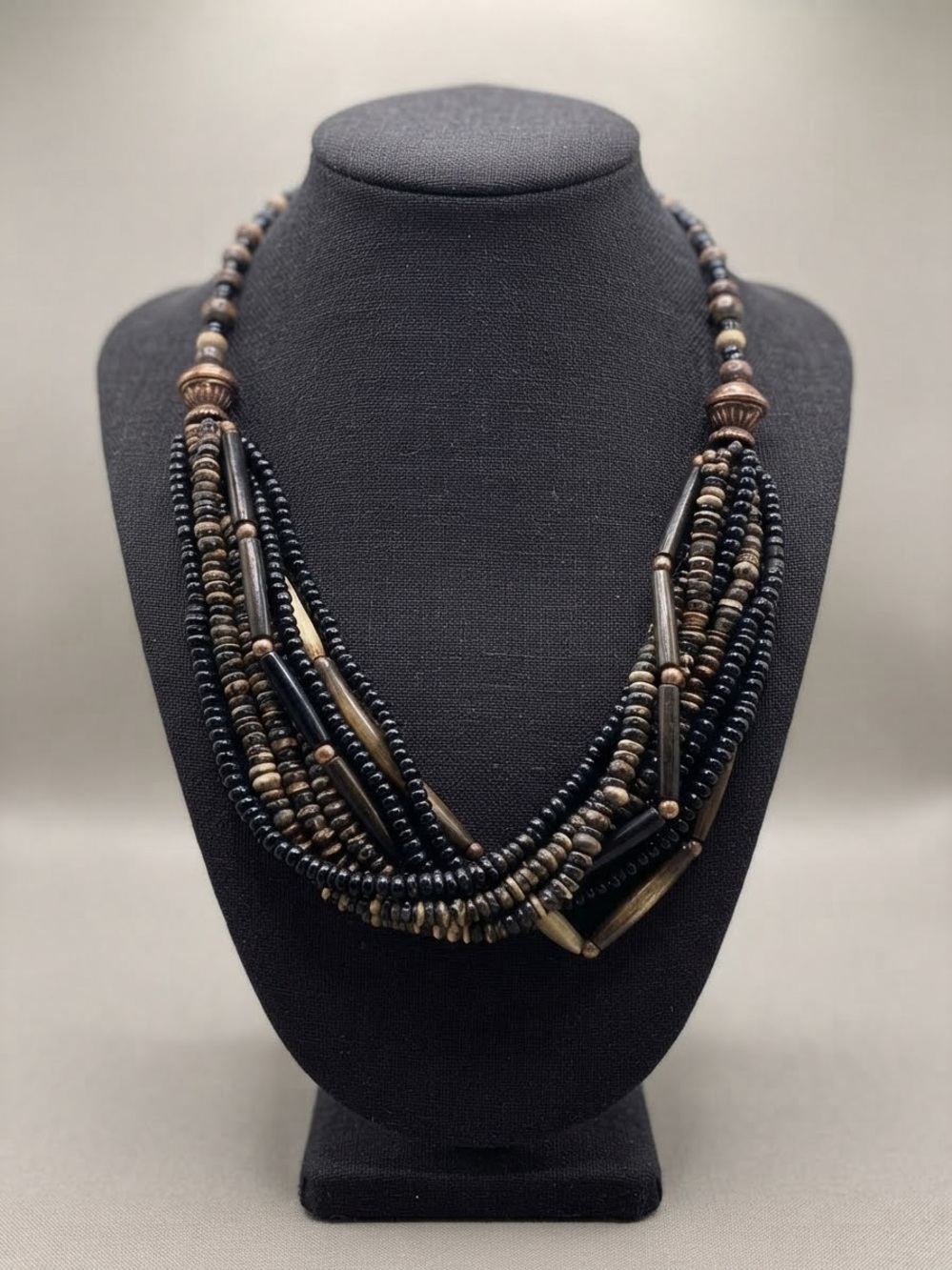 Handcrafted Multi-Strand Black and Bronze Beaded Necklace